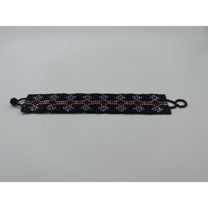 Handmade Seed Bead Loom Woven Cuff Bracelet Geometric Black Red Blue Silver 6.5"
